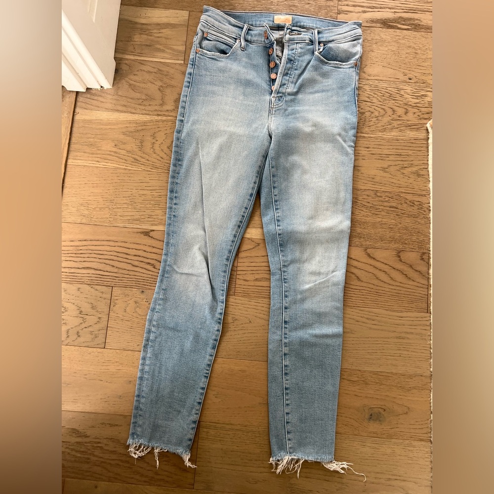 MOTHER High Rise Blue Jeans Distressed Slim Fit